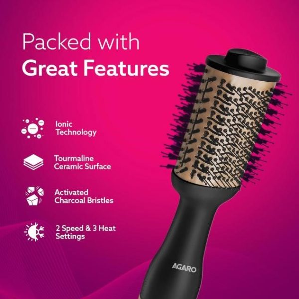 AGARO Hot Air Brush – 1200W Hair Blow Dryer, Volumizer & Styler with 360° Airflow Vent & Ceramic Tourmaline Coating - Image 2